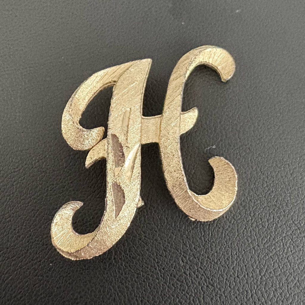 Vintage Letter Brooch Gold Tone 60s Mamselle H Monogram Initial Pin